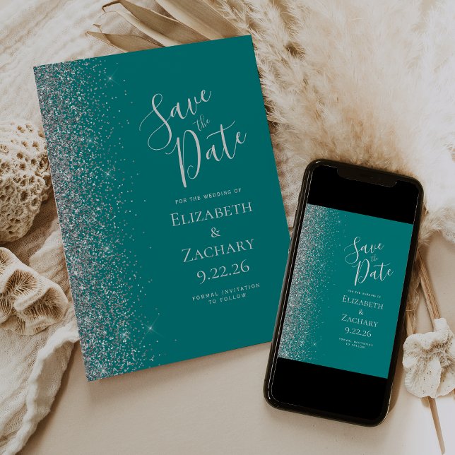 Teal Blue Silver Glitter Save the Date Announcement (Creator Uploaded)