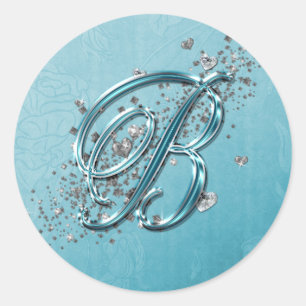 Teal Blue Silver Glitter Script Text Monogram B Classic Round Sticker