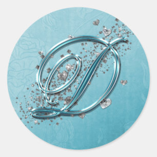 Teal Blue Silver Glitter Script Text Monogram D Classic Round Sticker