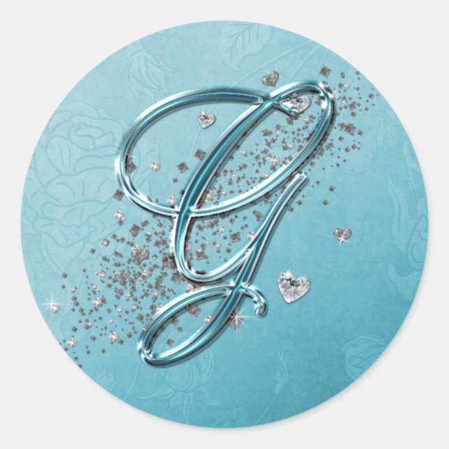 Teal Blue Silver Glitter Script Text Monogram G Classic Round Sticker (Front)