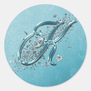 Teal Blue Silver Glitter Script Text Monogram K Classic Round Sticker