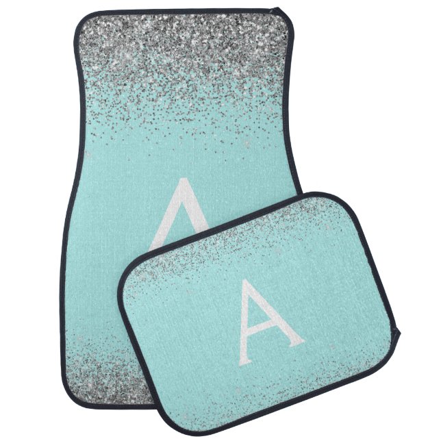 Teal Blue Silver Glitter Sparkle Monogram Car Floor Mat (Set)