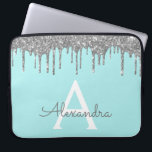 Teal Blue Silver Glitter Sparkle Monogram Laptop Sleeve<br><div class="desc">Teal Blue - Aqua and Silver Faux Dripping Modern and Elegant Girly Glitter and Sparkle Elegant Monogram Case. This case can be customized to include your initial and first name.</div>