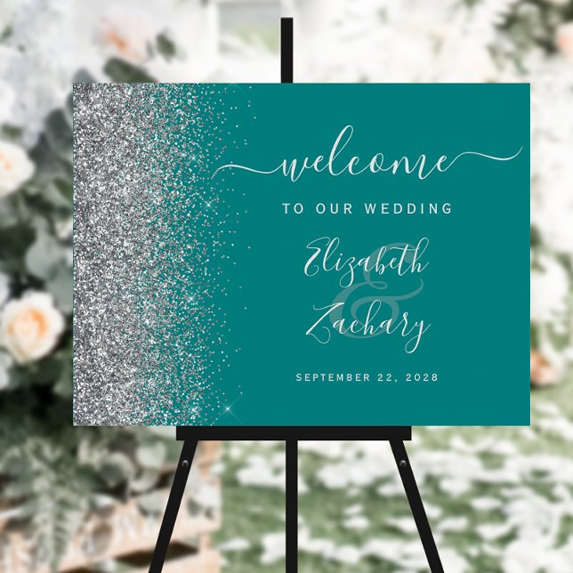 Teal Blue Silver Glitter Wedding Welcome Sign (Creator Uploaded)