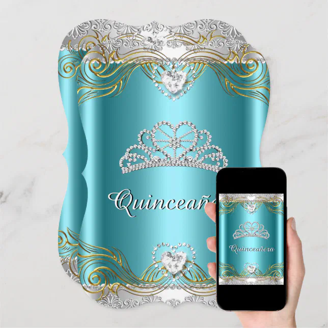 Teal Blue Silver Gold Quinceanera Birthday Party 2 Invitation Zazzle