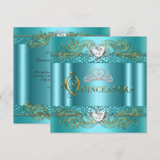 Teal Blue Silver Gold Quinceanera Birthday Party Invitation