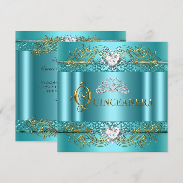Teal Blue Silver Gold Quinceanera Birthday Party Invitation (Front/Back)