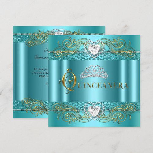 Teal Blue Silver Gold Quinceanera Birthday Party Custom Invitations