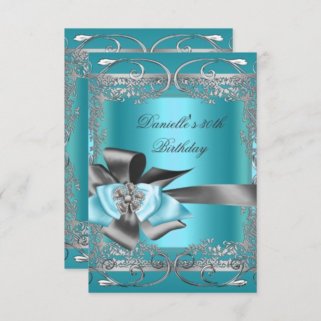 Teal Blue Silver Gray Birthday Party 30th Invitation (Front/Back)