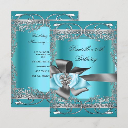 Teal Blue Silver Gray Birthday Party 30th Invite