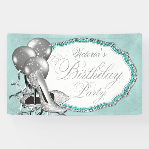 Teal Blue Silver High Heel Shoe Birthday Party Banner