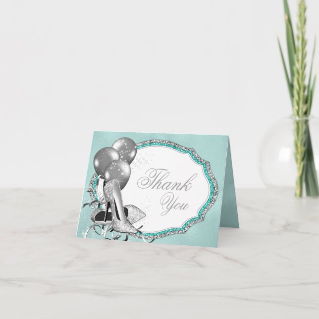 Teal Blue Silver High Heel Shoe Thank You Card (Front)