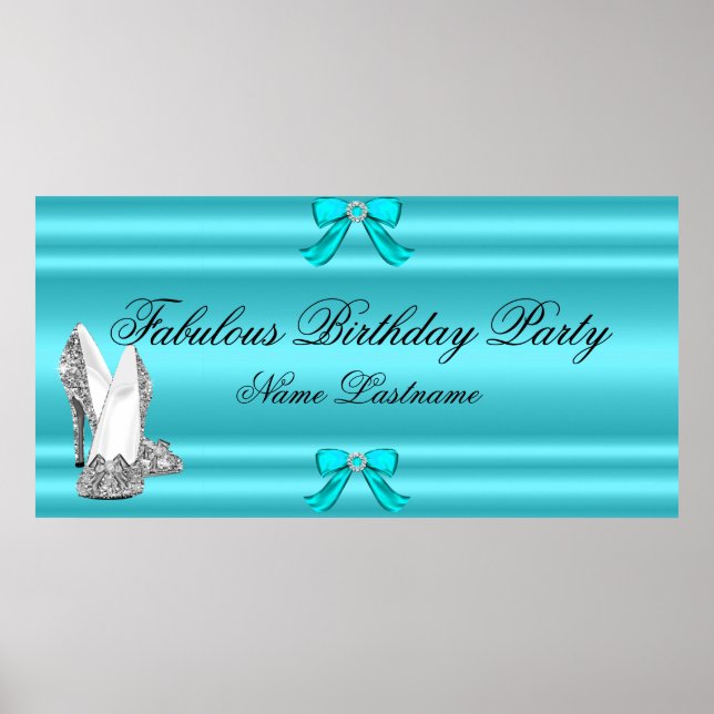 Teal Blue Silver High Heels Birthday Banner Poster (Front)