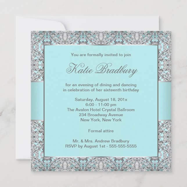 Teal Blue Silver Lace Classy Sweet Sixteen Party Invitation (Front)