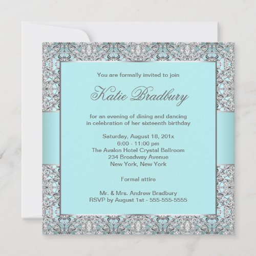 Teal Blue Silver Lace Classy Sweet Sixteen Party Invitation
