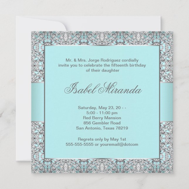 Teal Blue Silver Lace Quinceanera Invitation (Front)