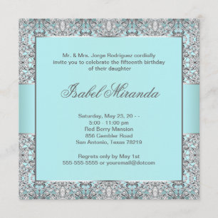 Teal Blue Silver Lace Quinceanera Invitation