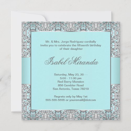 Teal Blue Silver Lace Quinceanera Personalized Invite