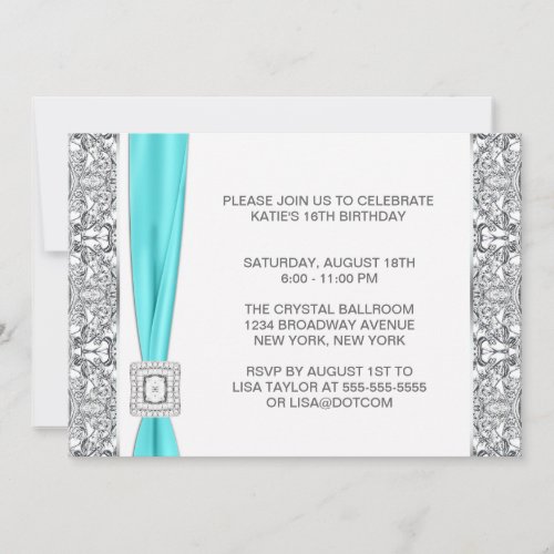 Teal Blue Silver Lace Sweet Sixteen Party Custom Invites