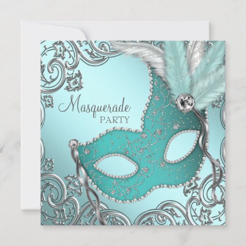 Teal Blue Silver Mask Masquerade Party Invitation