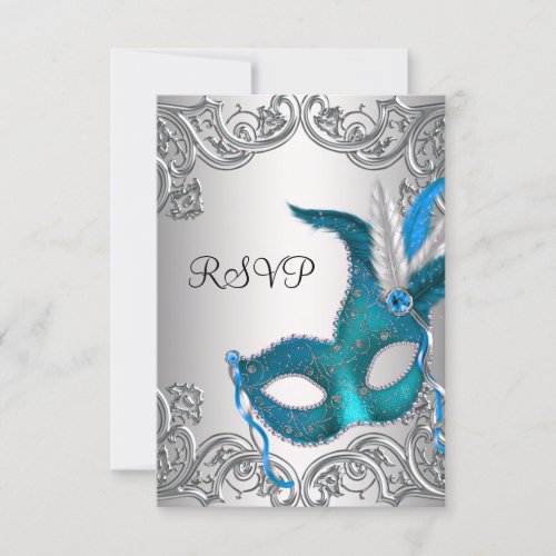 Teal Blue Silver Mask Masquerade Party RSVP