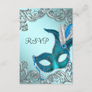Teal Blue Silver Mask Masquerade Party RSVP