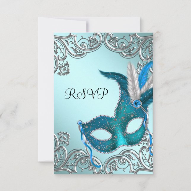 Teal Blue Silver Mask Masquerade Party RSVP Card (Front)
