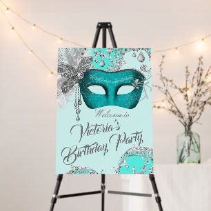 Teal Blue Silver Masquerade Party Sign