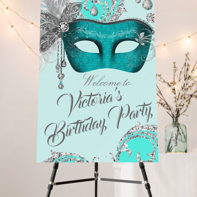 Teal Blue Silver Masquerade Party Sign (In Situ (Stand))