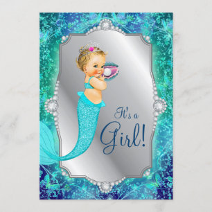 Teal Blue Silver Mermaid Under The Sea Baby Shower Invitation