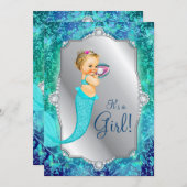 Teal Blue Silver Mermaid Under The Sea Baby Shower Invitation (Front/Back)