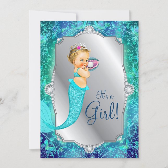 Teal Blue Silver Mermaid Under The Sea Baby Shower Invitation (Front)