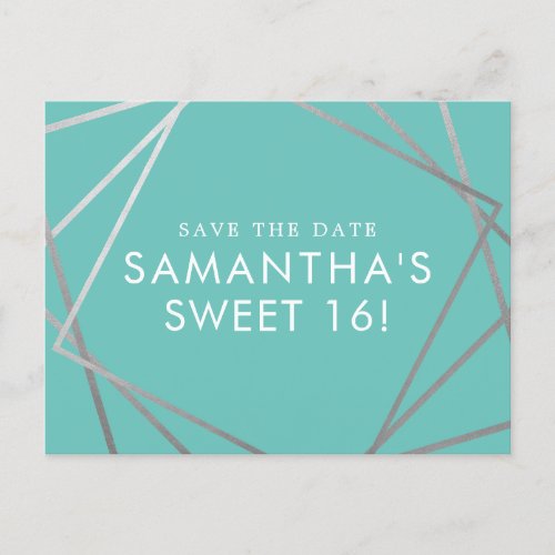 Teal Blue Silver Modern Sweet 16 Save the Date Announcement Postcard
