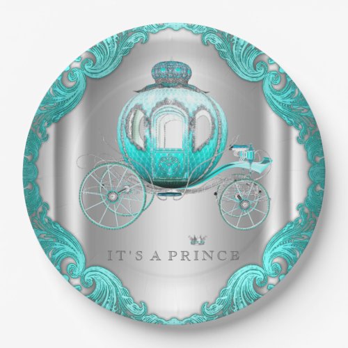 Teal Blue Silver Prince Baby Shower Paper Plates