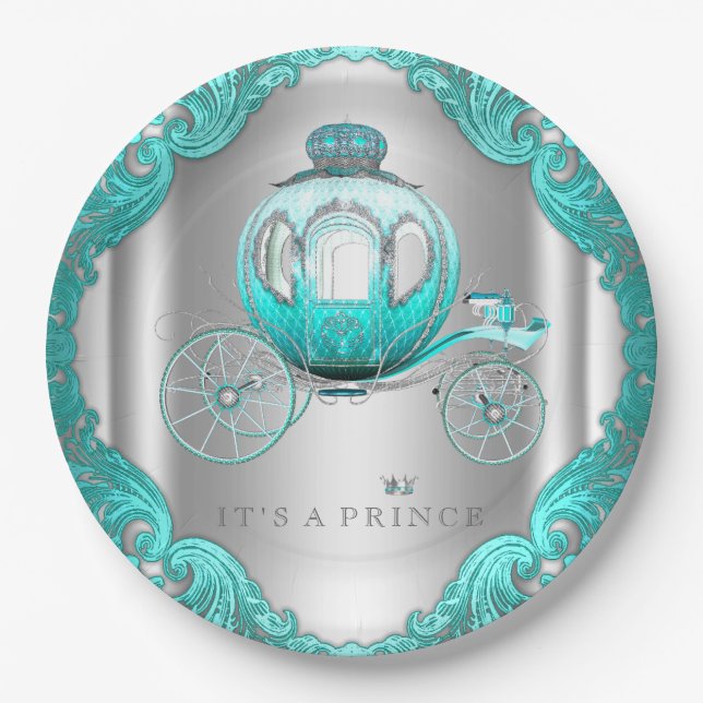 Teal Blue Silver Prince Baby Shower Paper Plates (Front)