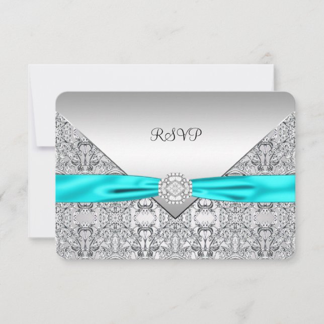 Teal Blue Silver RSVP Card (Front)