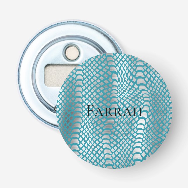 Teal Blue Silver Snake Print Bottle Opener (Front)