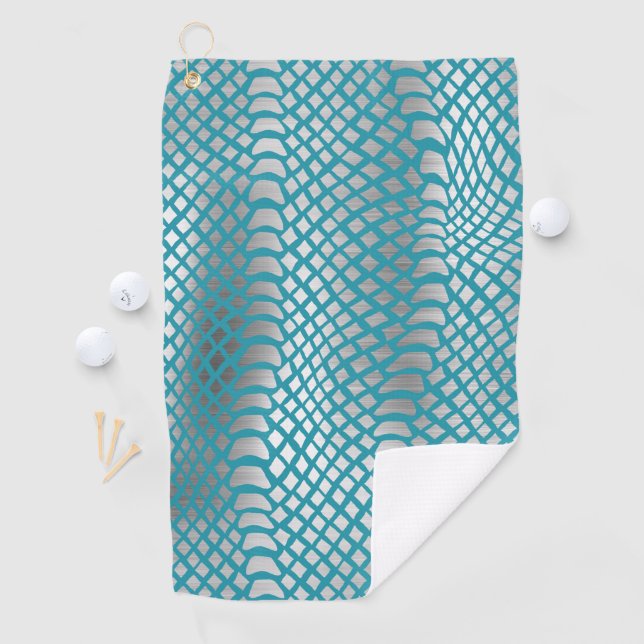 Teal Blue Silver Snake Print Golf Towel (InSitu)
