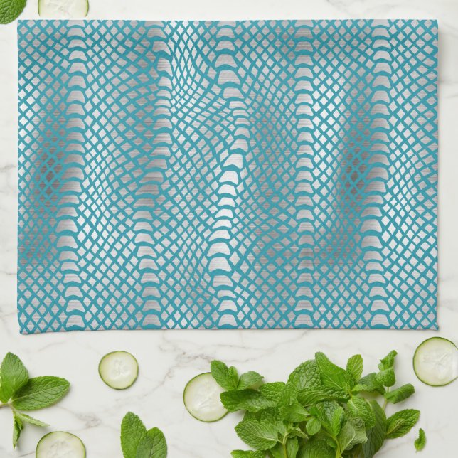 Teal Blue Silver Snake Print Kitchen Towel (Folded)