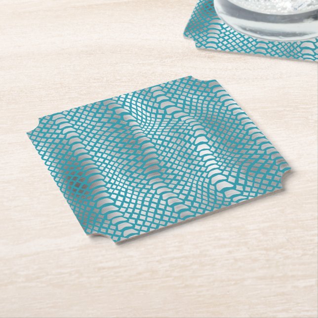 Teal Blue Silver Snake Print Paper Coaster (Angled)