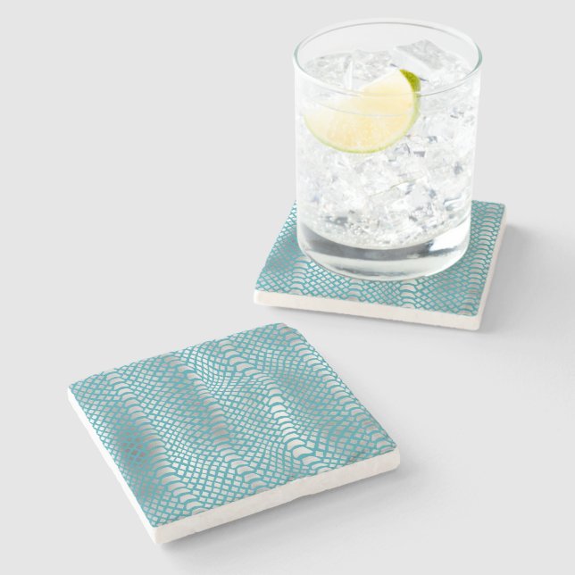 Teal Blue Silver Snake Print Stone Coaster (Side)