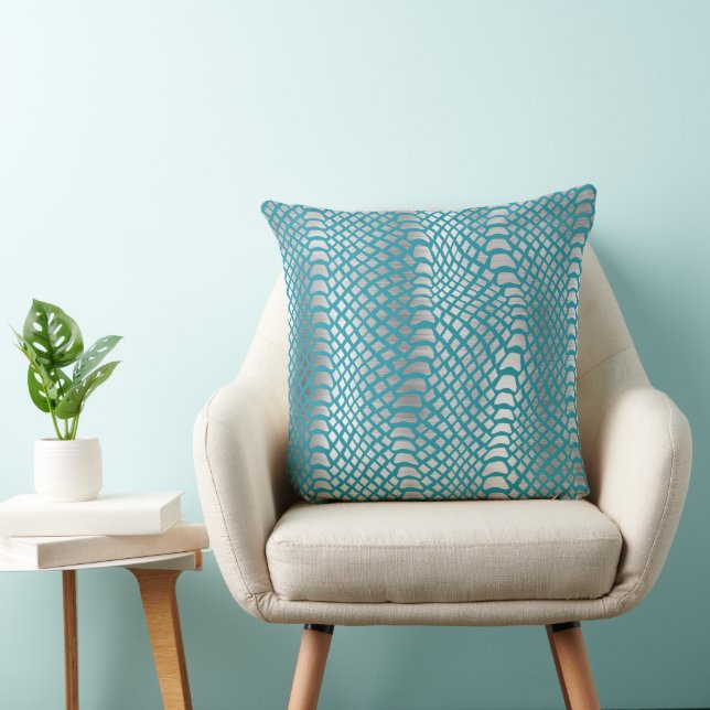 Teal Blue Silver Snake Print Throw Pillow (Chair)