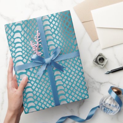 Teal Blue Silver Snake Print Wrapping Paper
