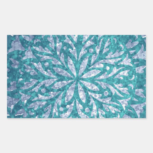 Teal Blue Silver Snowflake Rectangular Sticker (Front)