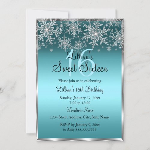 Teal Blue Silver Snowflake Sweet 16 Invitation