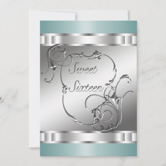 Teal Blue Silver Sweet 16 Birthday Party Invitation (Front)