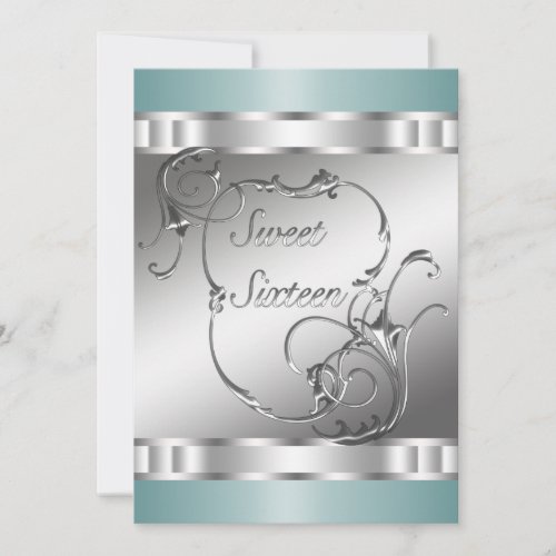 Teal Blue Silver Sweet 16 Birthday Party Announcement