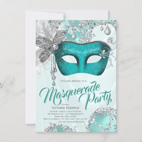 Teal Blue Silver Sweet 16 Masquerade Party Invitation