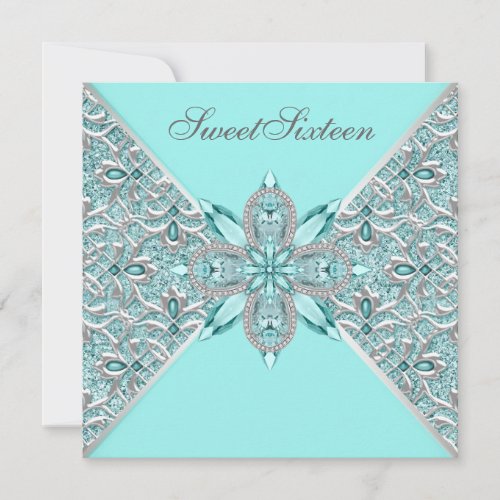 Teal Blue Silver Sweet Sixteen Birthday Party Announcements