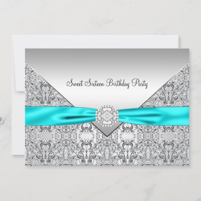 Teal Blue Silver Sweet Sixteen Party Invitation (Front)